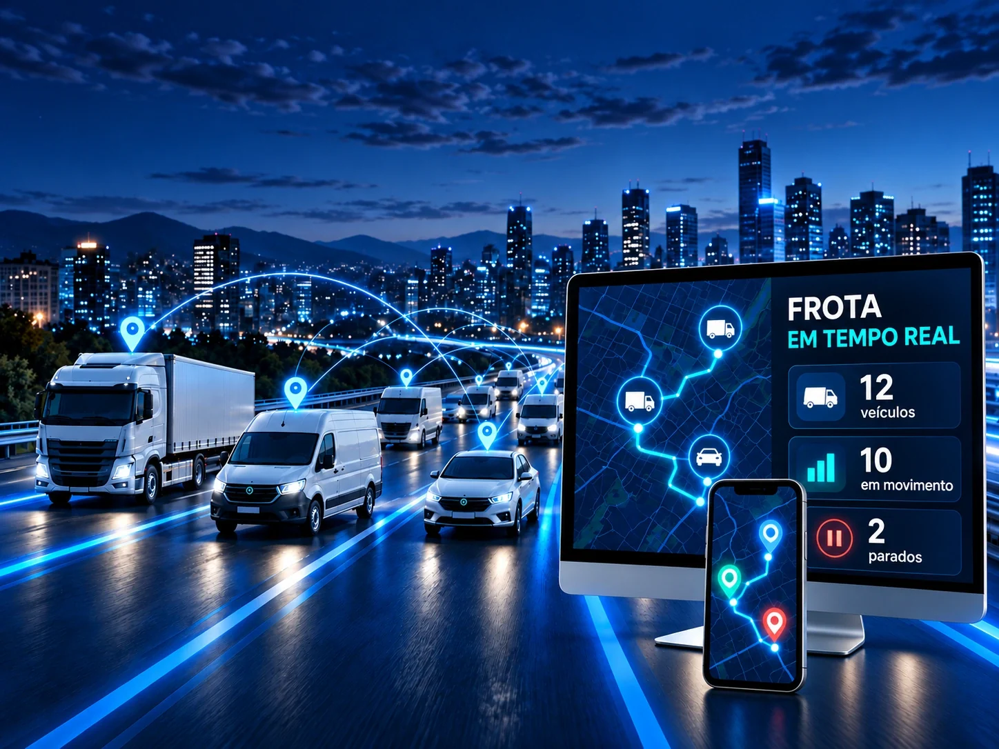 Frota rastreada com painel de 12 veículos e mapa no celular